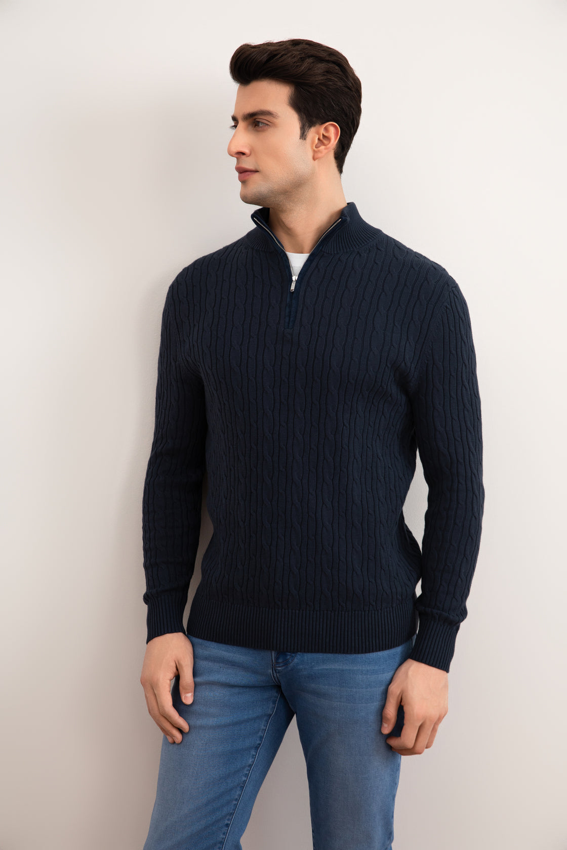 Blue Cable Knit half-zip Sweater