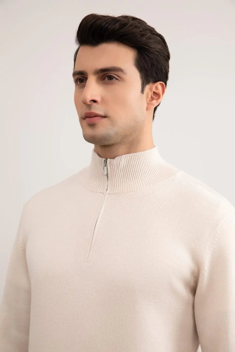 Beige Merino Wool Half-Zip Sweater