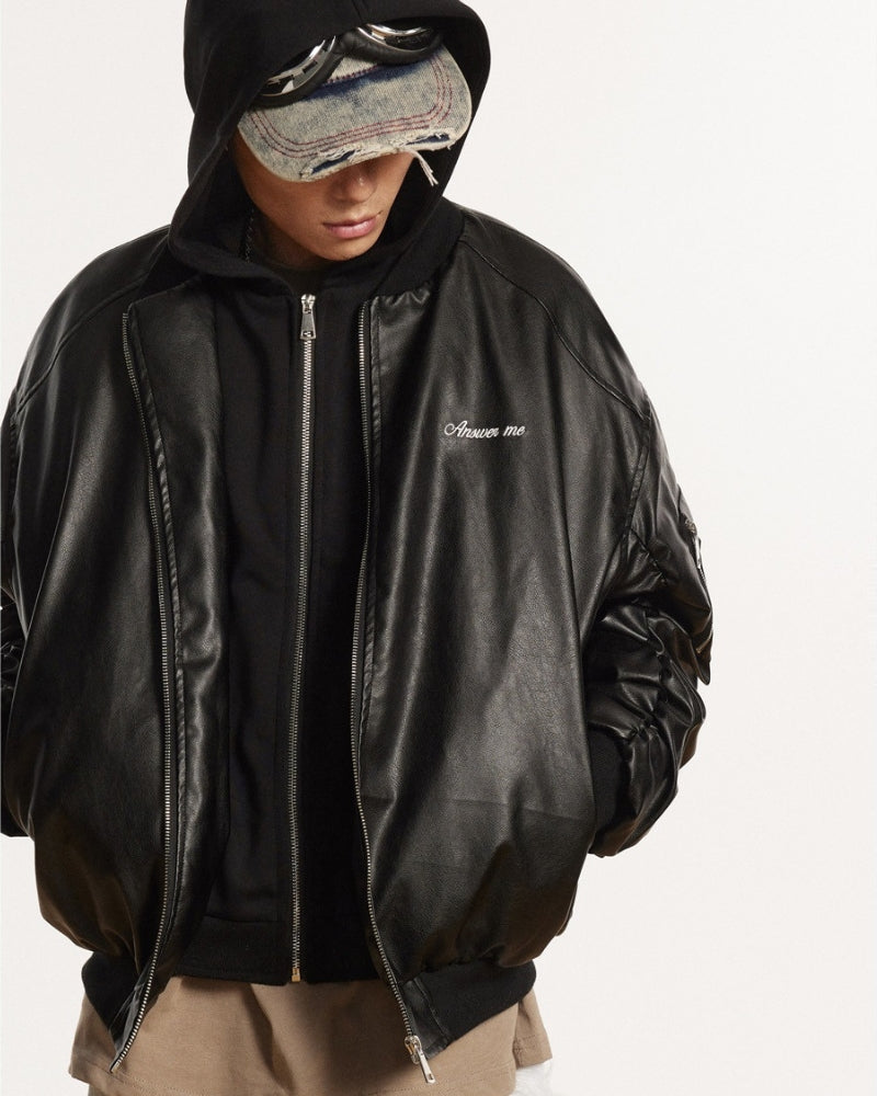 Relaxed Leather ANSWER ME Embroided Bomber Jacket