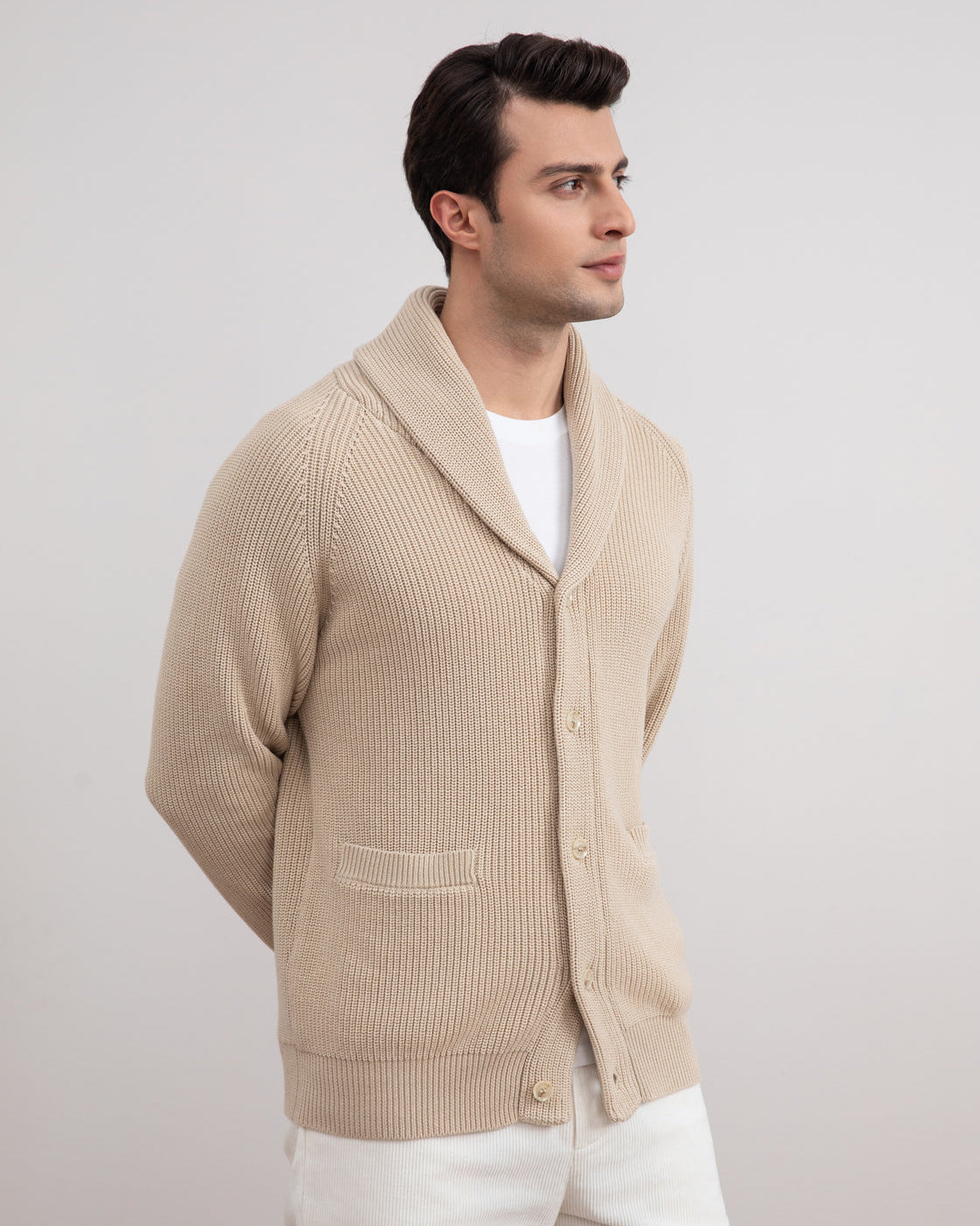 Beige Shawl-Collar Ribbed Cardigan