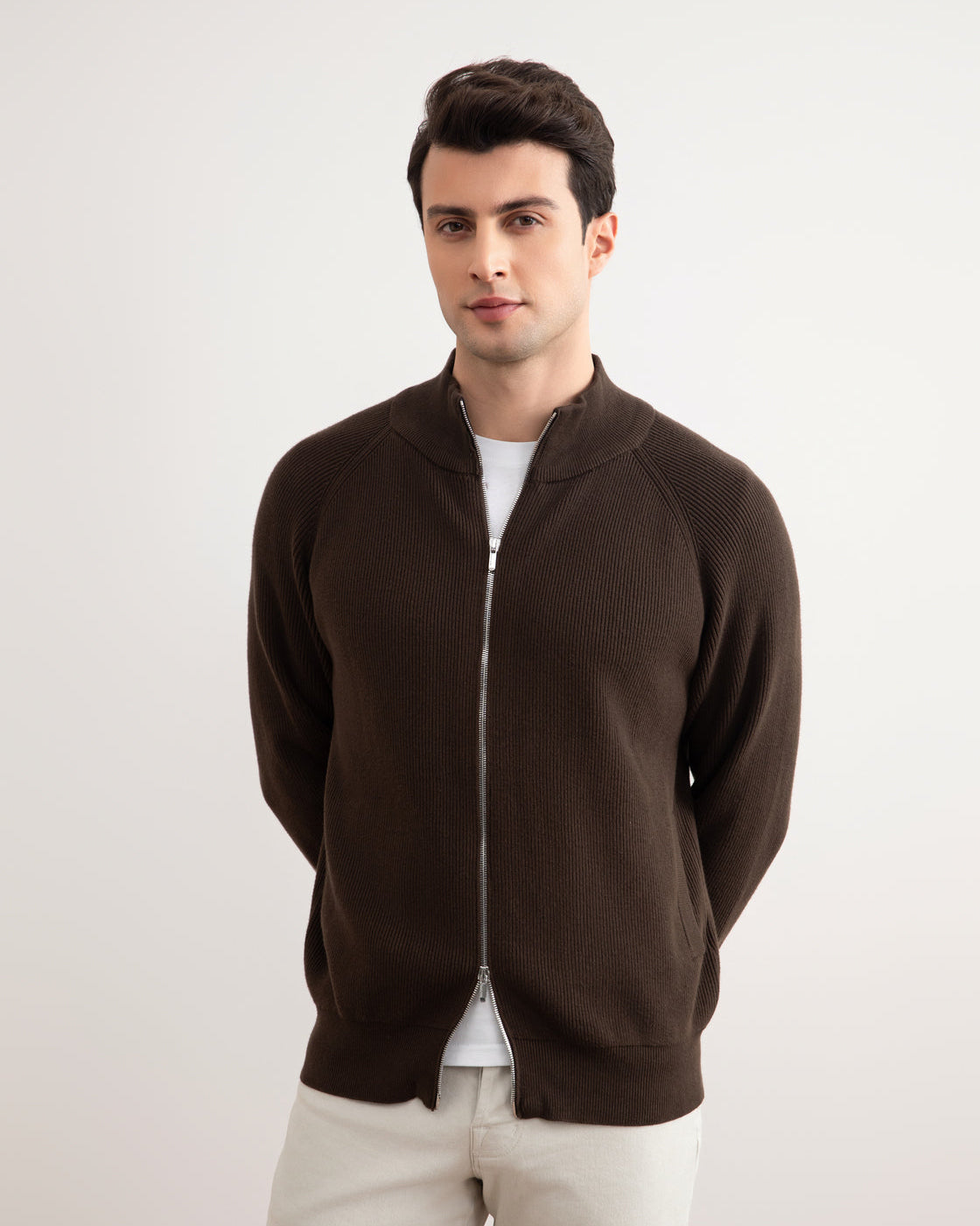 Brown English Rib Full Zip Cardigan