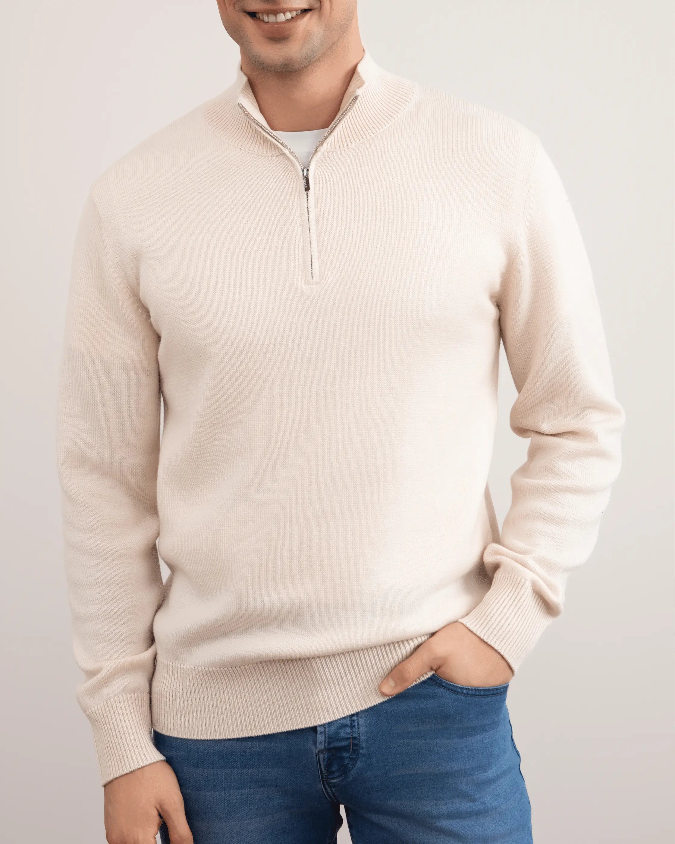 Beige Merino Wool Half-Zip Sweater